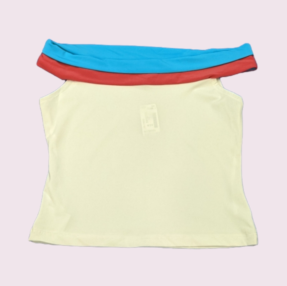 3/$15 Y2K Off the shoulder Body-hugging semi sheer crop top size S Blue Pink - Picture 2 of 7